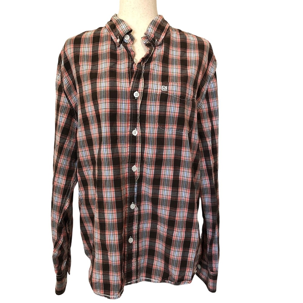 Carbon Plaid Button Down Shirt Brown Red Blue‎ XXL VTG Y2K Grunge Western